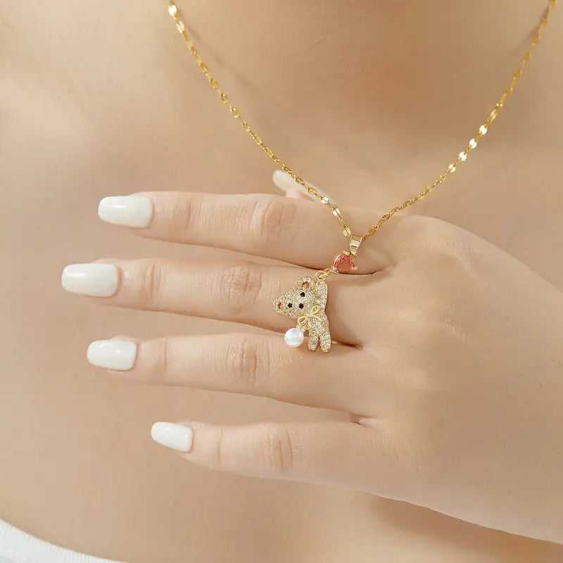 Bear Pendant Necklace – 18K Gold Plated with Heart Charm