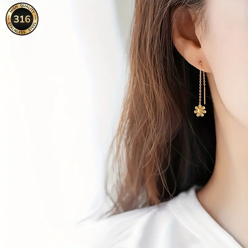 Elegant Floral Chain Drop Earrings for Women – Sunflower Design