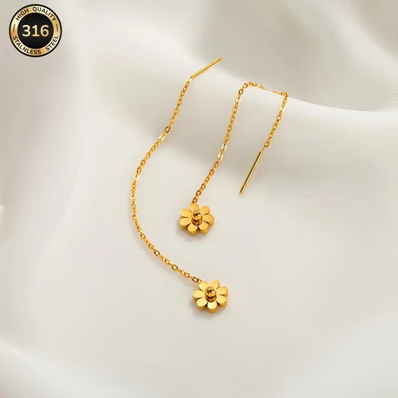 Elegant Floral Chain Drop Earrings for Women – Sunflower Design