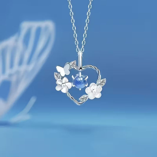 Elegant Blue Heart Necklace – Floral Glass Pendant for Women