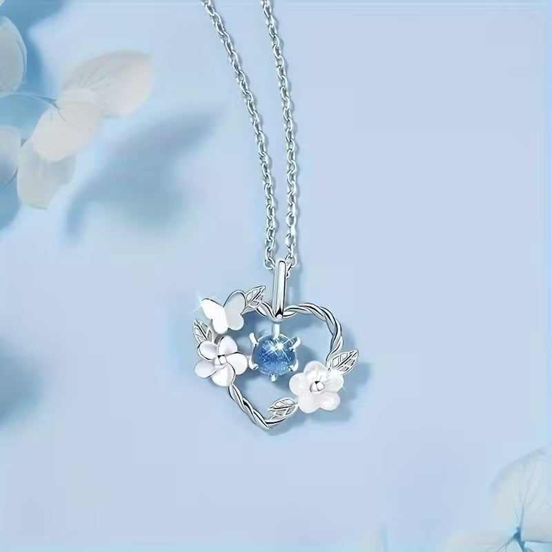 Elegant Blue Heart Necklace – Floral Glass Pendant for Women