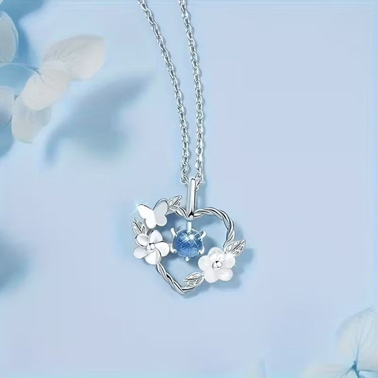 Elegant Blue Heart Necklace – Floral Glass Pendant for Women