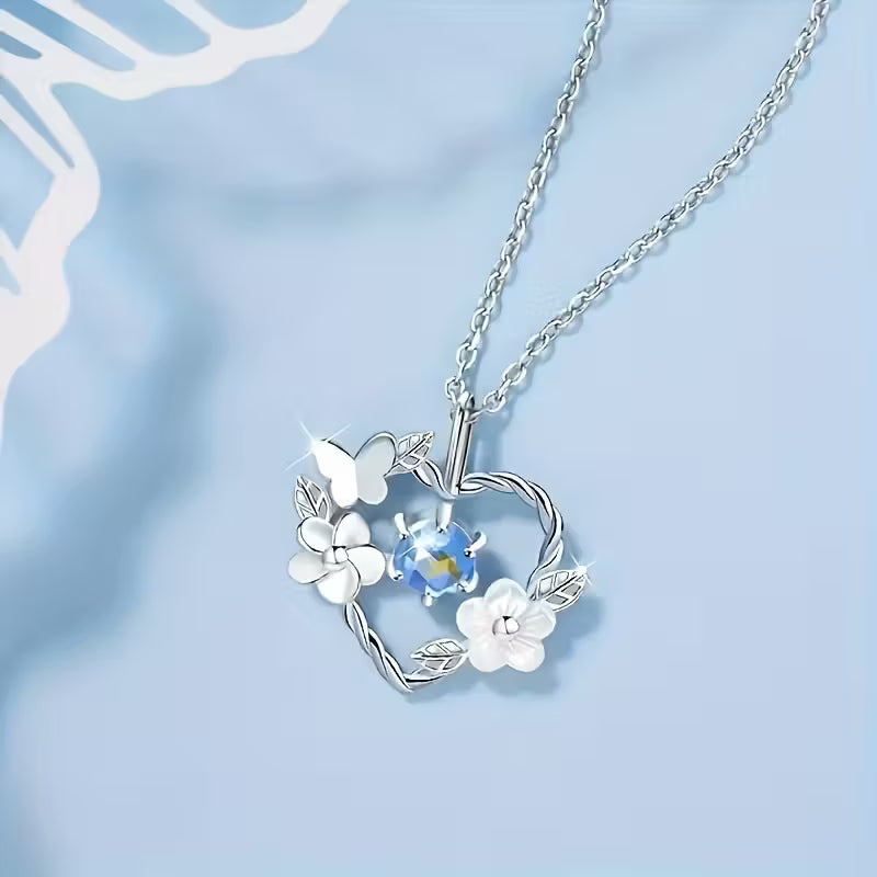 Elegant Blue Heart Necklace – Floral Glass Pendant for Women