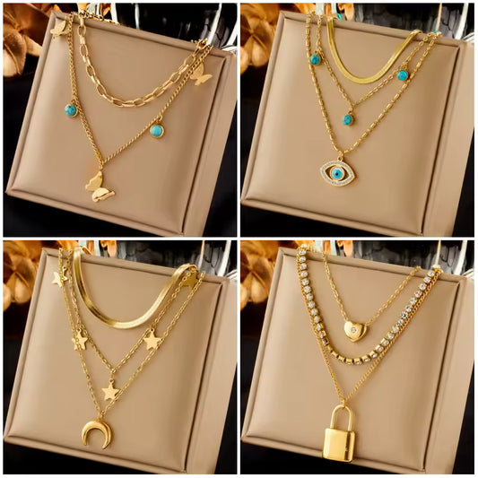 Stainless Steel Butterfly, Blue Eye & Moon Pendant Necklace – Women’s Choker