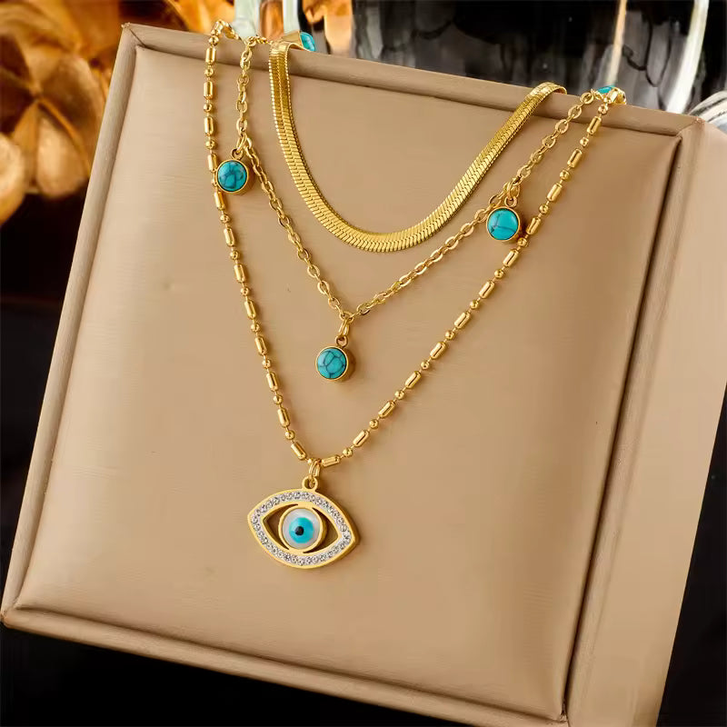 Stainless Steel Butterfly, Blue Eye & Moon Pendant Necklace – Women’s Choker