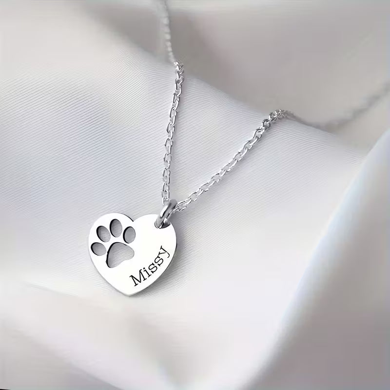 Personalized Paw Print Necklace – Custom Name Heart Pendant