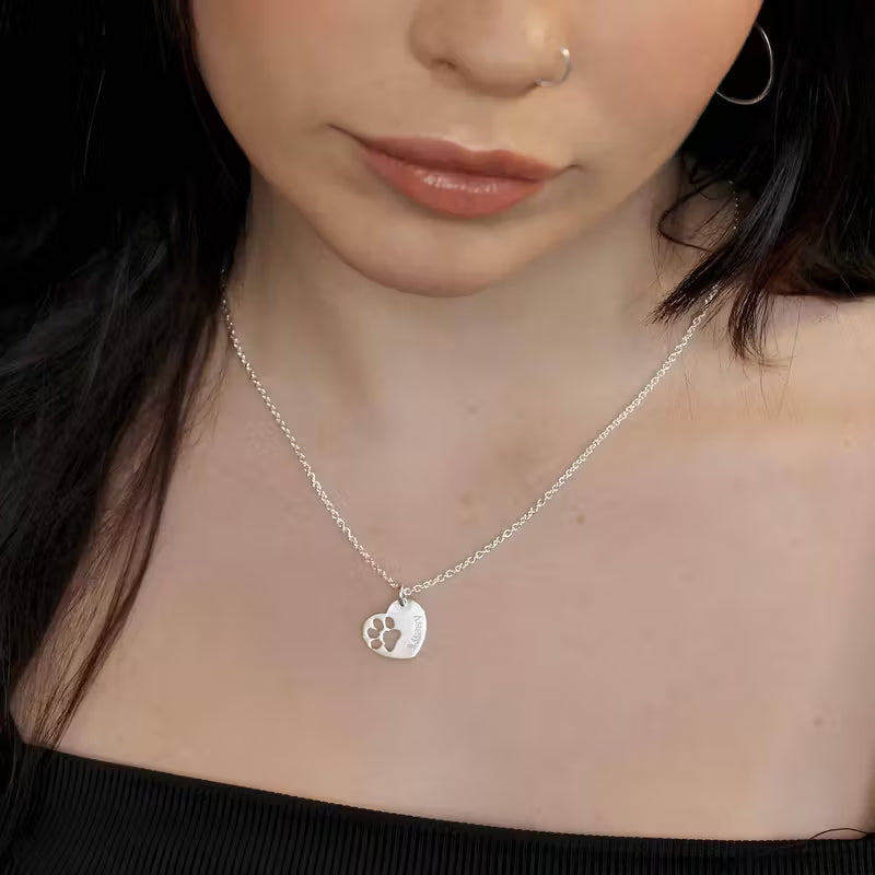 Personalized Paw Print Necklace – Custom Name Heart Pendant