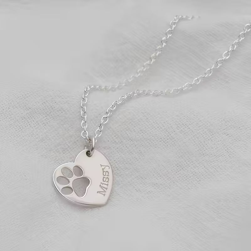 Personalized Paw Print Necklace – Custom Name Heart Pendant