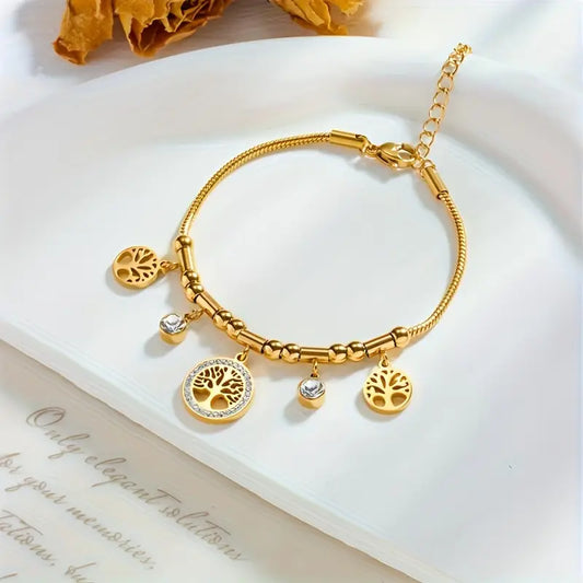Golden Tree Charm Bracelet with Zirconia
