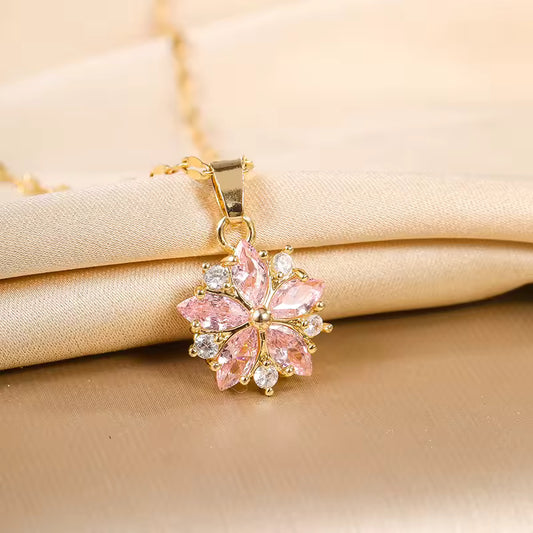 Pink Sakura Pendant Necklace – Stainless Steel Korean Fashion Jewelry
