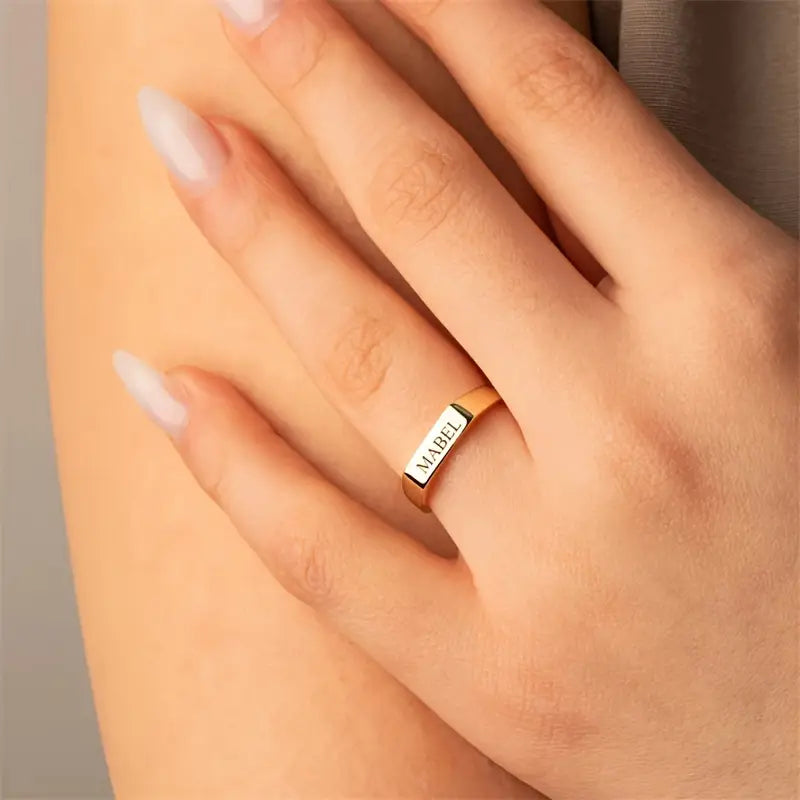 Personalized Square Bar Ring – Custom Name/Date Engraving Jewellery Gift