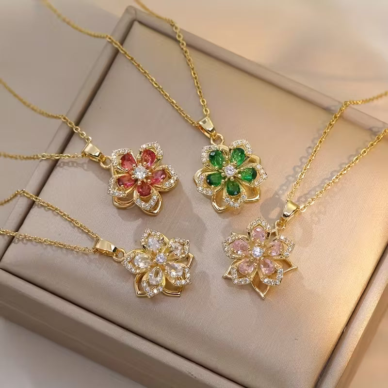 Zirconia Flower Necklace – Rotatable Cherry Blossom Design