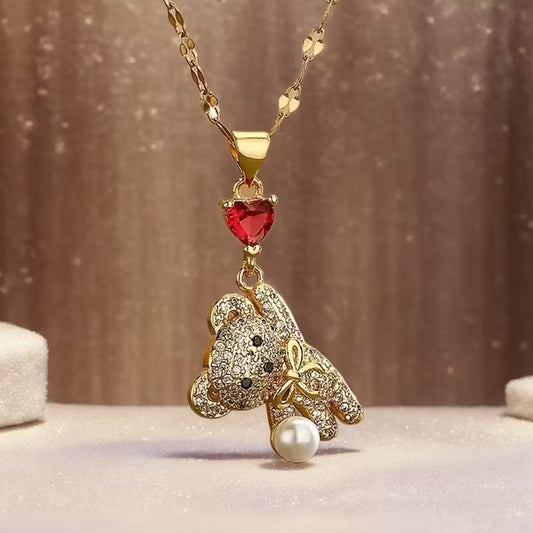 Bear Pendant Necklace – 18K Gold Plated with Heart Charm