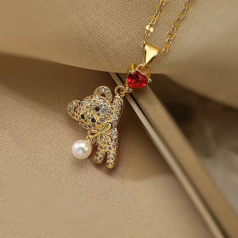 Bear Pendant Necklace – 18K Gold Plated with Heart Charm