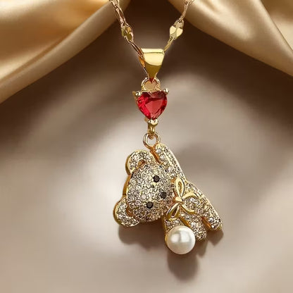Bear Pendant Necklace – 18K Gold Plated with Heart Charm