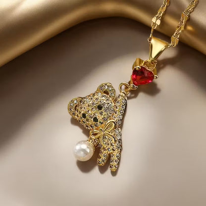 Bear Pendant Necklace – 18K Gold Plated with Heart Charm