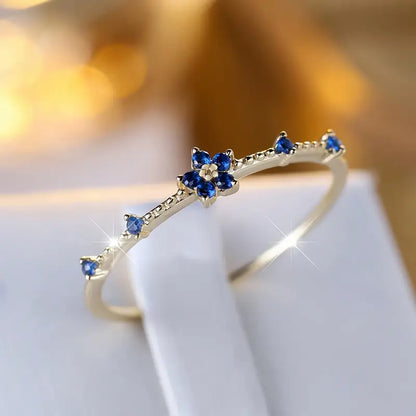 Silver Golden Blue Flower Zirconia Ring – Stylish Gift for Women