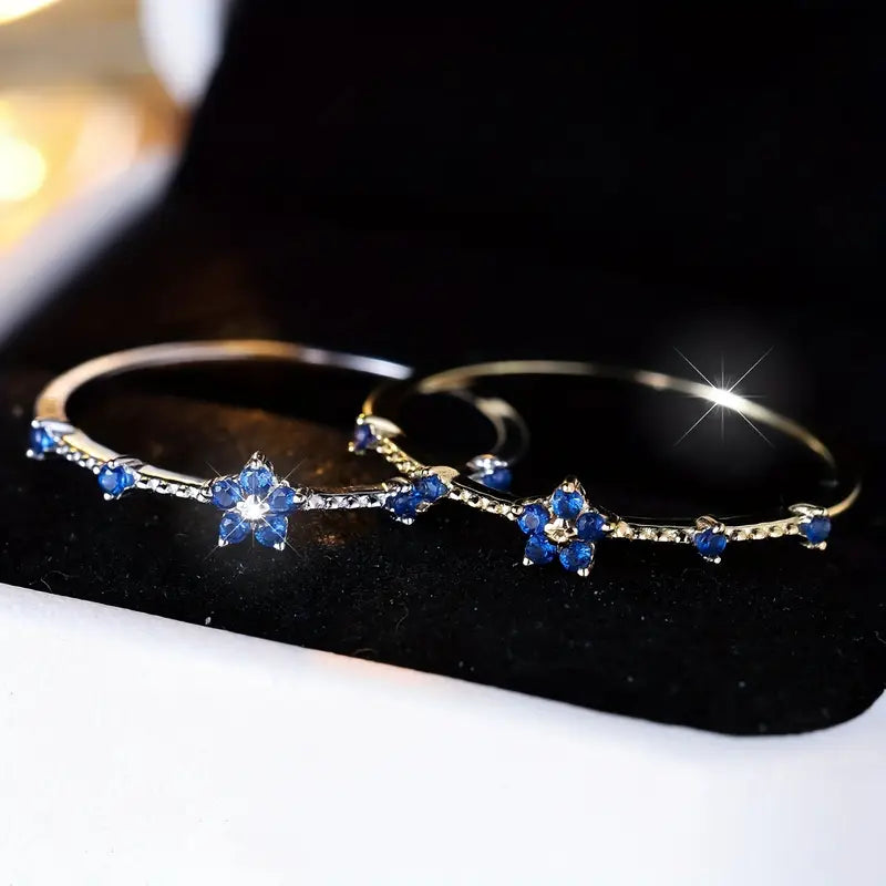 Silver Golden Blue Flower Zirconia Ring – Stylish Gift for Women