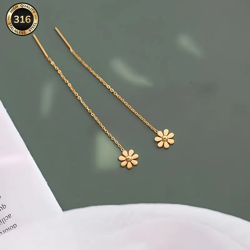 Elegant Floral Chain Drop Earrings for Women – Sunflower Design