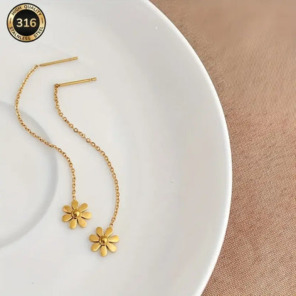 Elegant Floral Chain Drop Earrings for Women – Sunflower Design