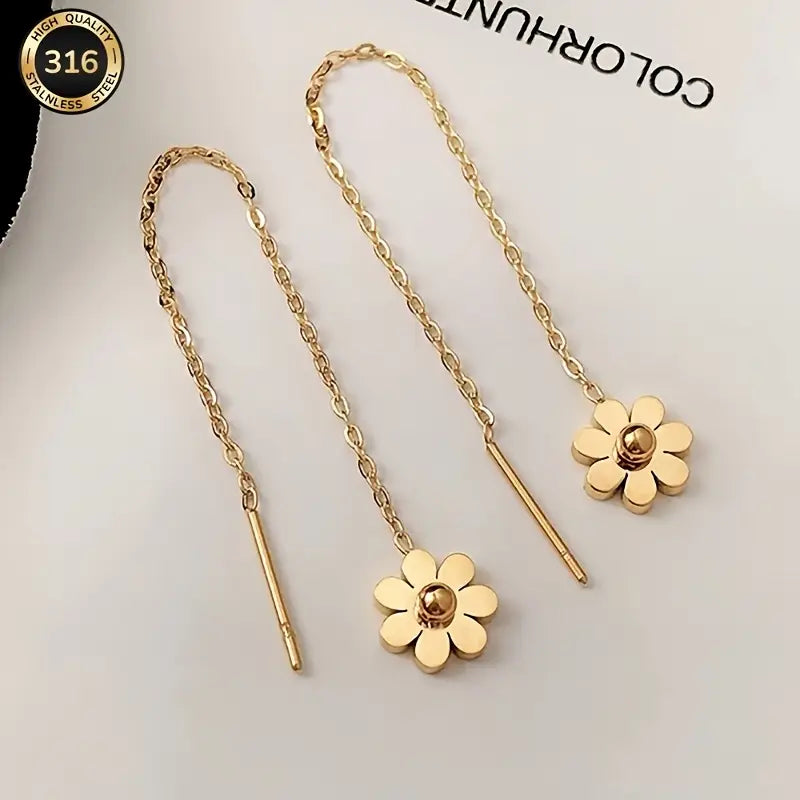 Elegant Floral Chain Drop Earrings for Women – Sunflower Design