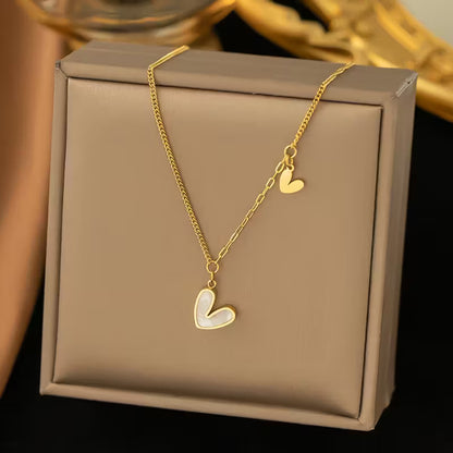 Double Heart Pendant Necklace – Elegant Golden Stainless Steel