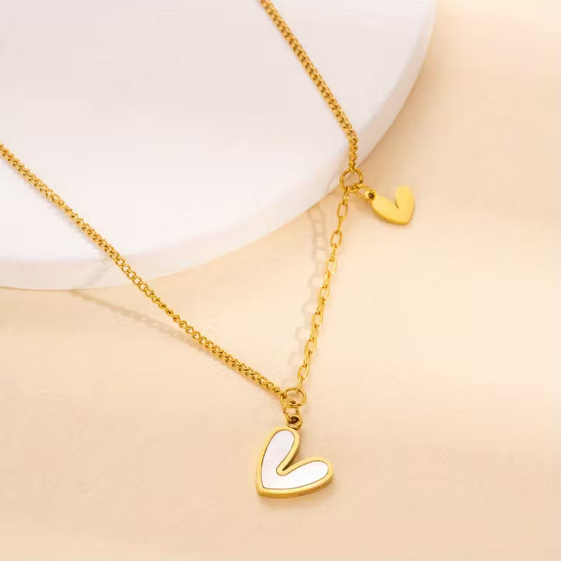 Double Heart Pendant Necklace – Elegant Golden Stainless Steel