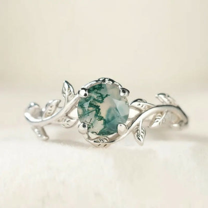 Sterling Silver Agate Leaf Ring – Unique Retro Design for Women