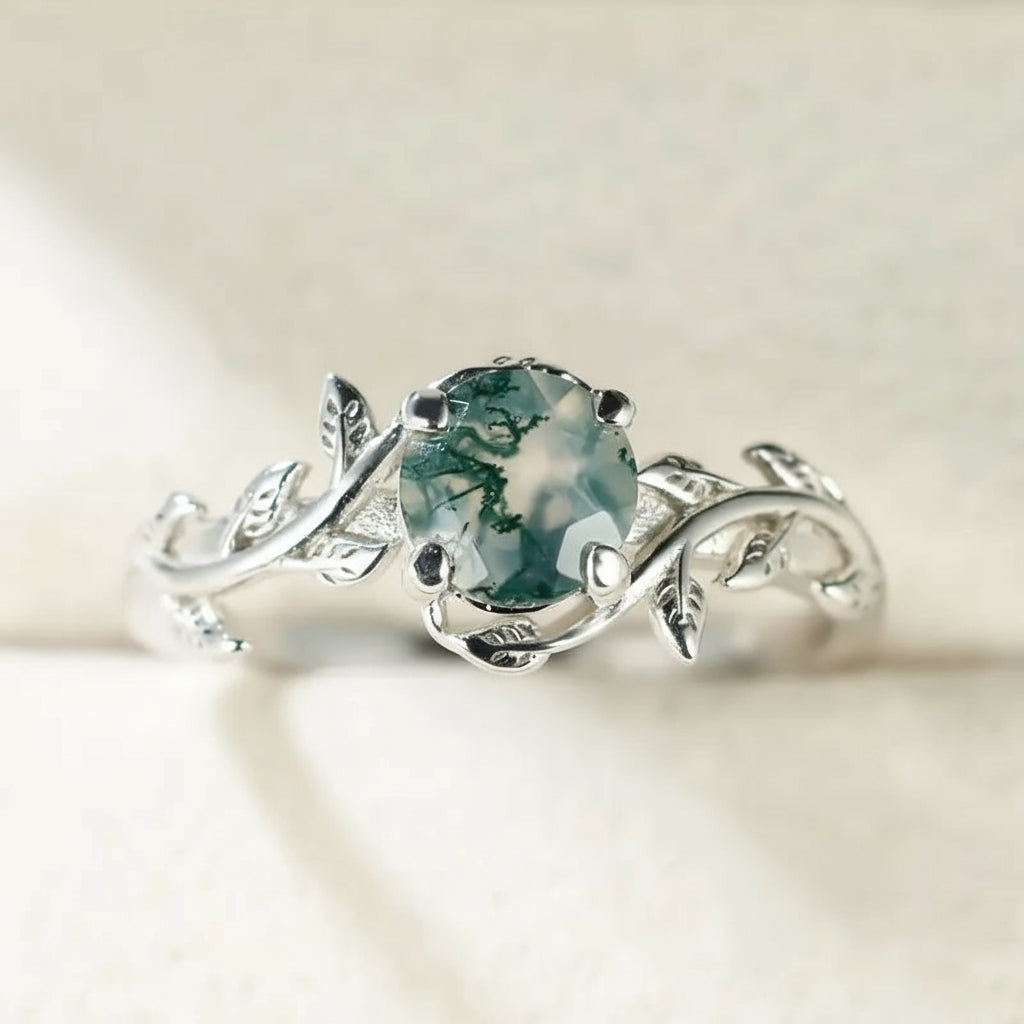 Sterling Silver Agate Leaf Ring – Unique Retro Design for Women