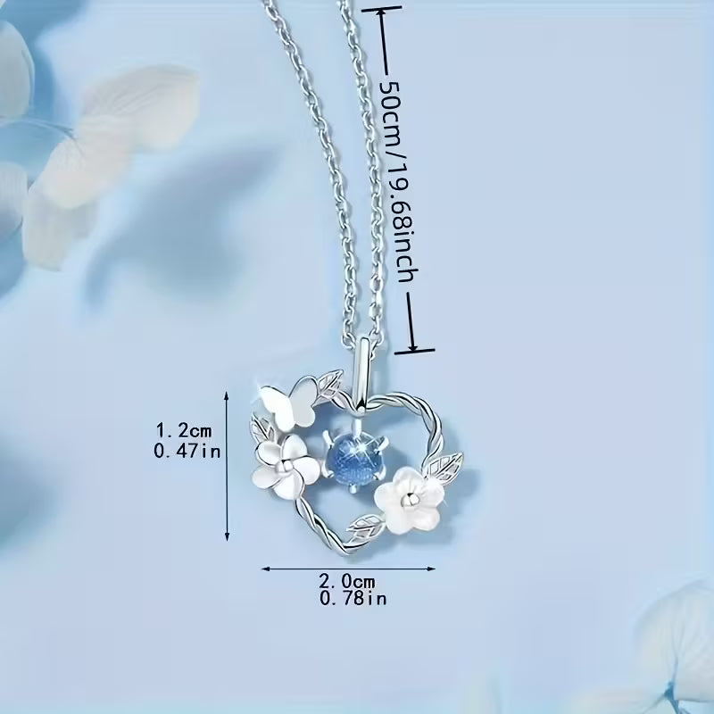 Elegant Blue Heart Necklace – Floral Glass Pendant for Women