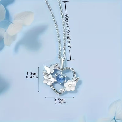Elegant Blue Heart Necklace – Floral Glass Pendant for Women