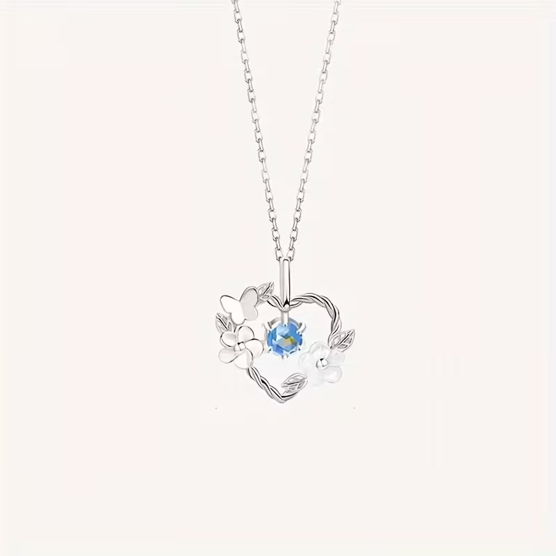 Elegant Blue Heart Necklace – Floral Glass Pendant for Women
