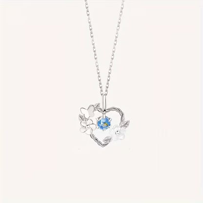 Elegant Blue Heart Necklace – Floral Glass Pendant for Women