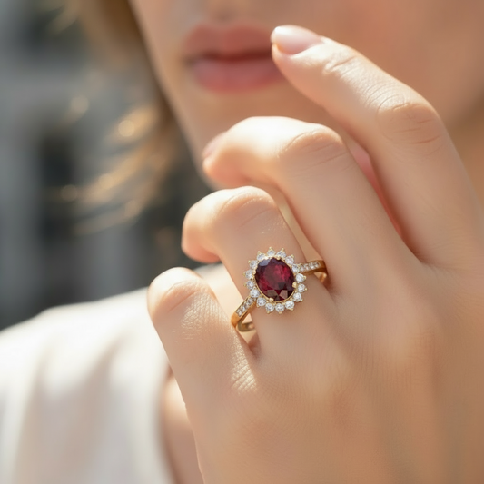 Elegant Sterling Silver Rose Ring – Red Gemstone Four-Prong Design
