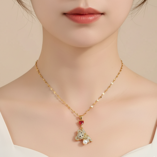 Bear Pendant Necklace – 18K Gold Plated with Heart Charm