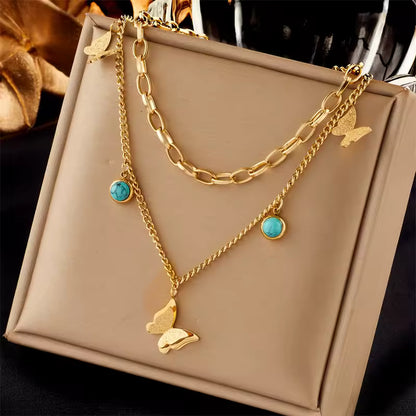 Stainless Steel Butterfly, Blue Eye & Moon Pendant Necklace – Women’s Choker