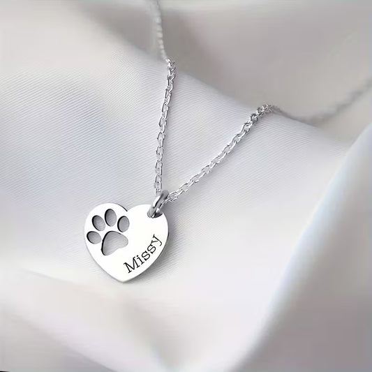 Personalized Paw Print Necklace – Custom Name Heart Pendant