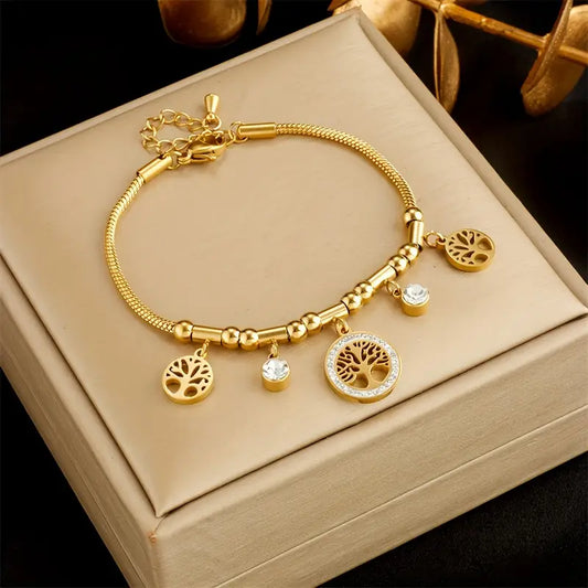 Golden Tree Charm Bracelet with Zirconia
