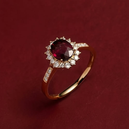 Elegant Sterling Silver Rose Ring – Red Gemstone Four-Prong Design