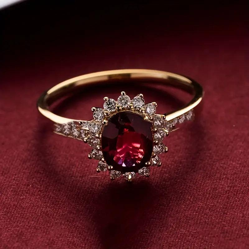 Elegant Sterling Silver Rose Ring – Red Gemstone Four-Prong Design