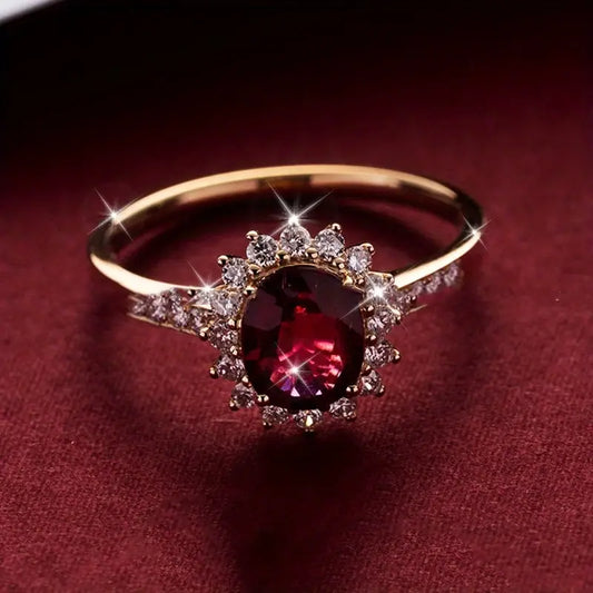 Elegant Sterling Silver Rose Ring – Red Gemstone Four-Prong Design