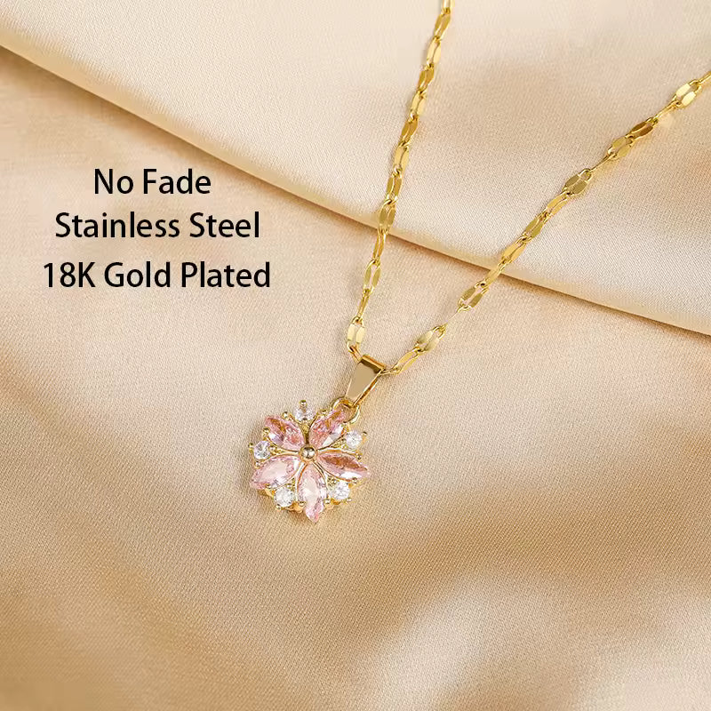 Pink Sakura Pendant Necklace – Stainless Steel Korean Fashion Jewelry