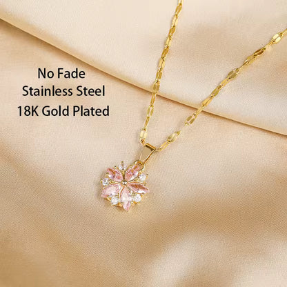 Pink Sakura Pendant Necklace – Stainless Steel Korean Fashion Jewelry