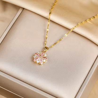Pink Sakura Pendant Necklace – Stainless Steel Korean Fashion Jewelry