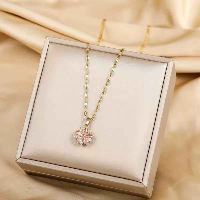 Pink Sakura Pendant Necklace – Stainless Steel Korean Fashion Jewelry