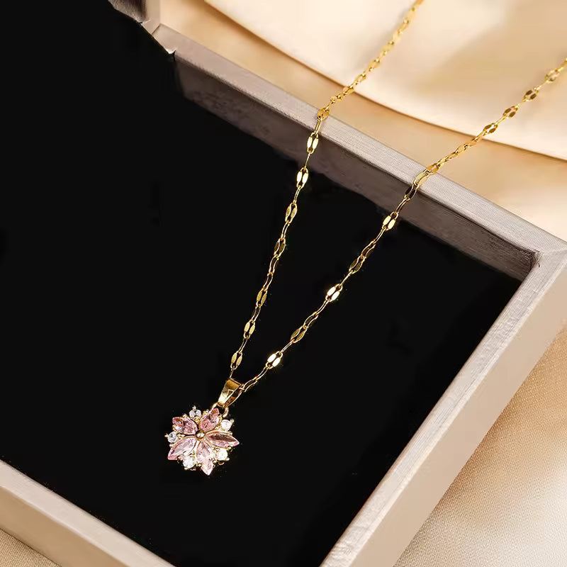 Pink Sakura Pendant Necklace – Stainless Steel Korean Fashion Jewelry