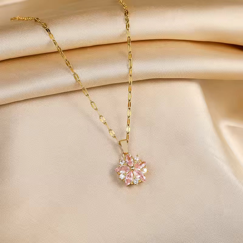 Pink Sakura Pendant Necklace – Stainless Steel Korean Fashion Jewelry