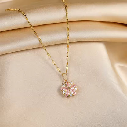 Pink Sakura Pendant Necklace – Stainless Steel Korean Fashion Jewelry