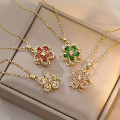 Zirconia Flower Necklace – Rotatable Cherry Blossom Design