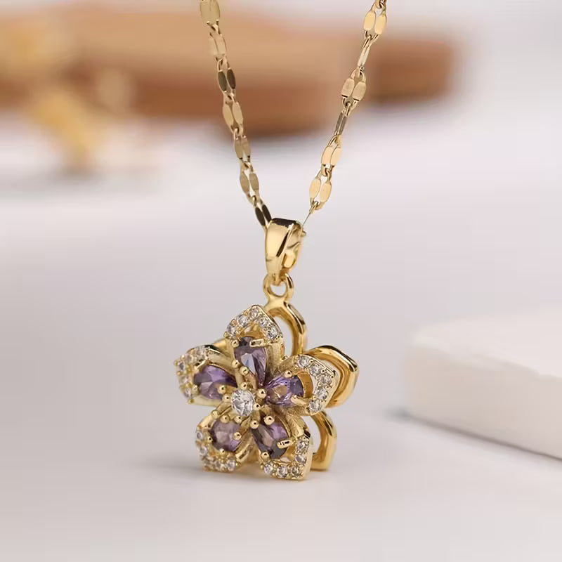 Zirconia Flower Necklace – Rotatable Cherry Blossom Design